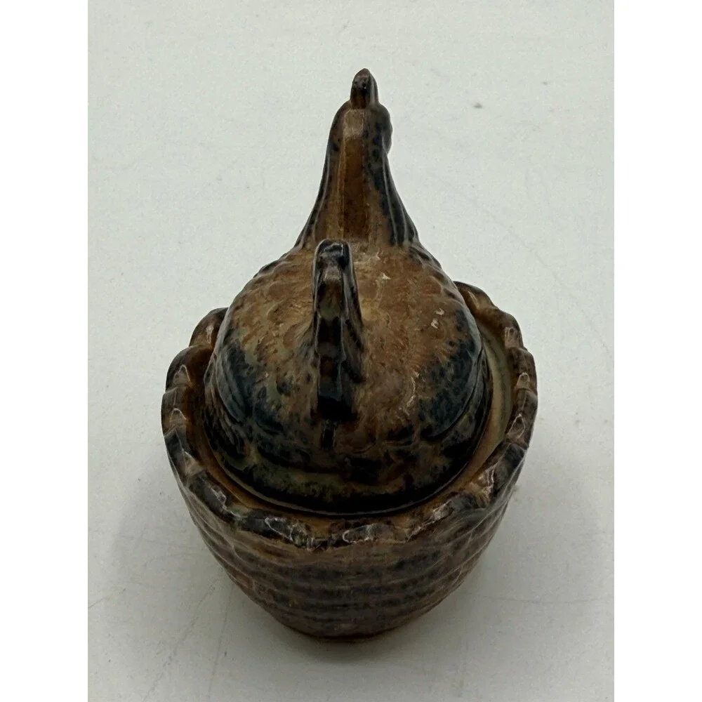 Vintage PWF Japan Mini 2.25” Ceramic Brown Black Drip Hen On The Nest